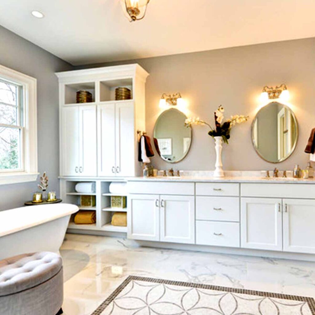 Interior bathroom painting finish with marble white tiles, white cabinetry and a soft grey painting on walls