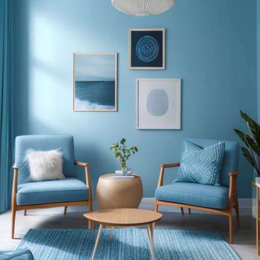 Living room filled with blue decorative furniture and photos on the wall